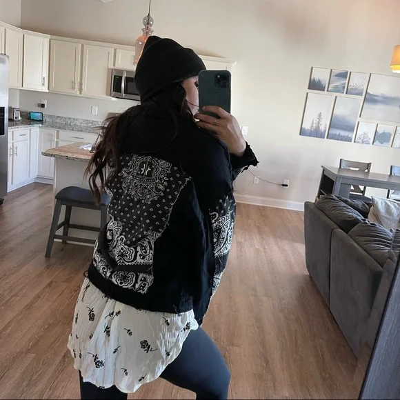 West Side Black Bandana Distressed Denim Jacket - Picture 4 of 14